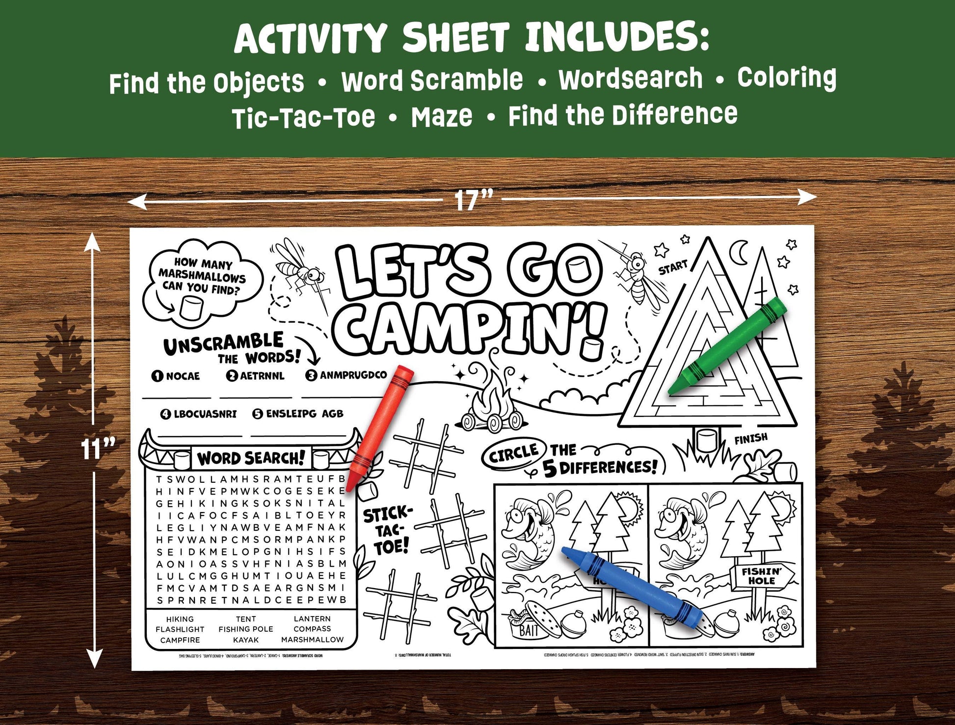 Camping Activity Sheet Printable - Summer Camp Printable - Camping 11x17 Classroom Activity Placemat - Road Trip Kids Camping Wordsearch