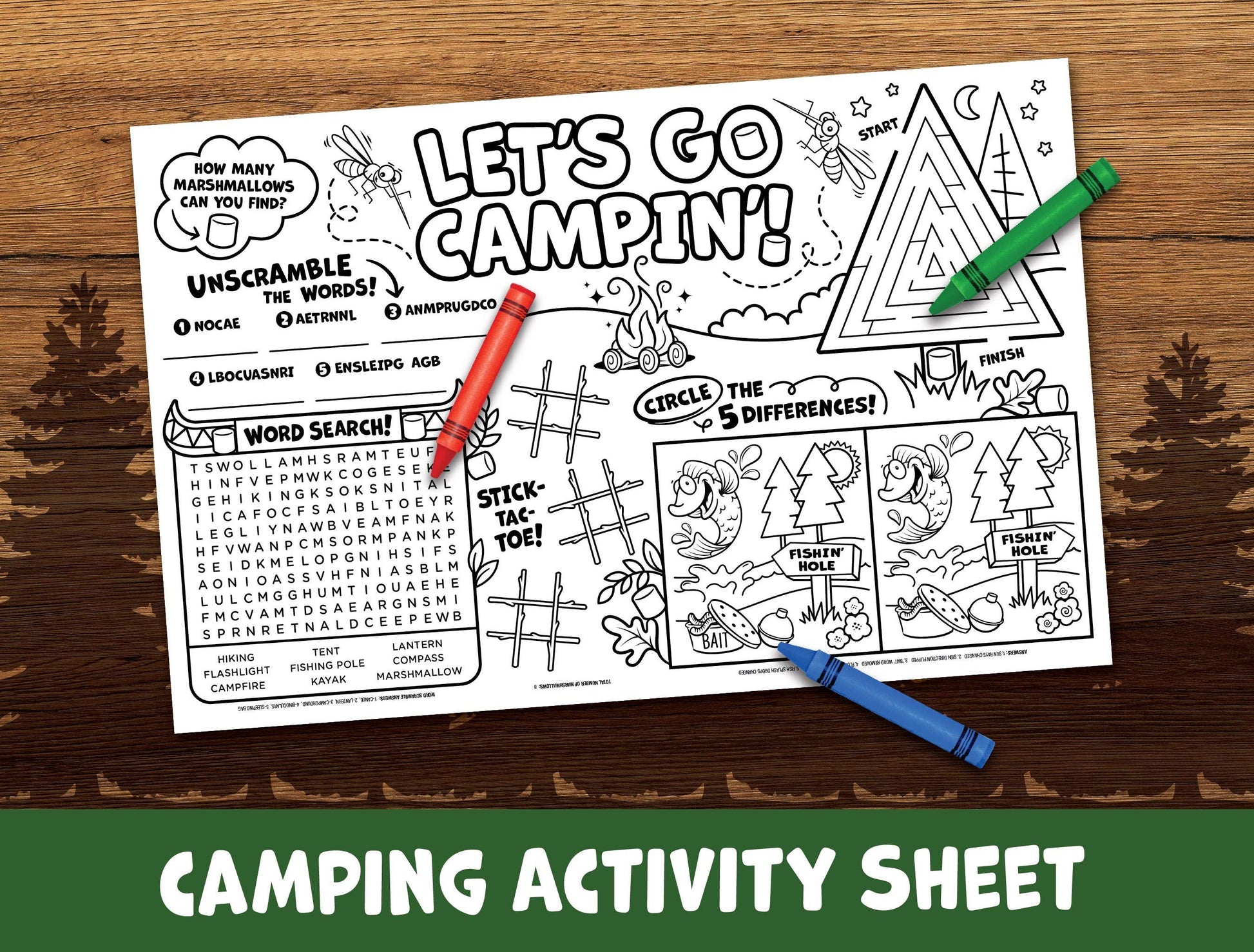 Camping Activity Sheet Printable - Summer Camp Printable - Camping 11x17 Classroom Activity Placemat - Road Trip Kids Camping Wordsearch