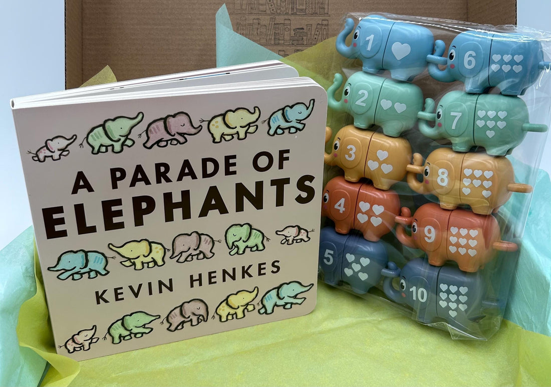 A Parade of Elephants Board Book Box with number matching elephants