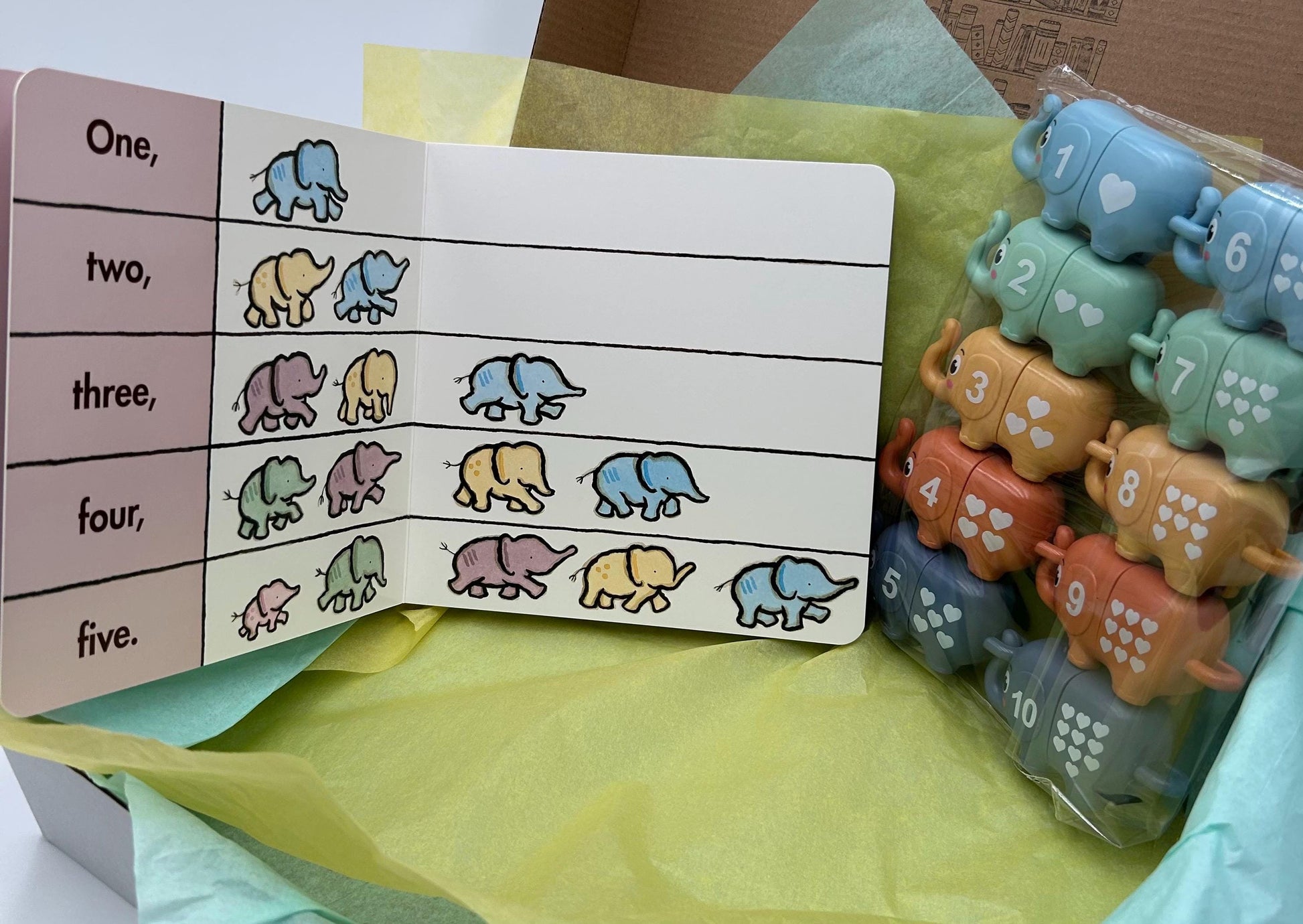 A Parade of Elephants Board Book Box with number matching elephants