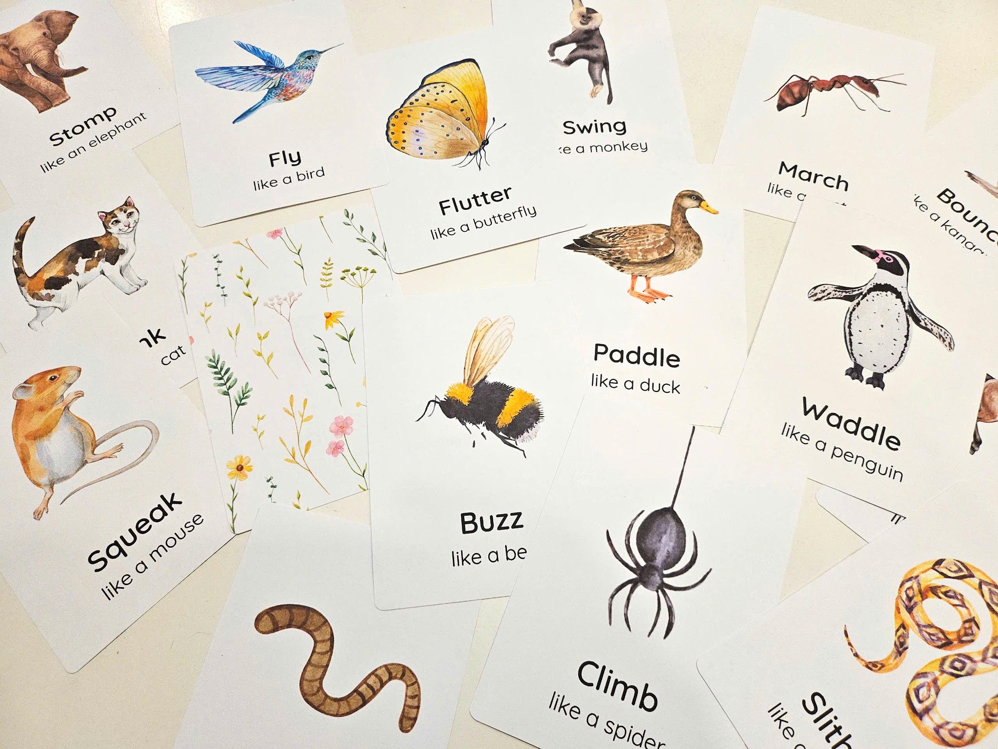 20 Animal Movement Cards, Movement Activity, Action Cards, Circle Time, Educational Preschool, Calm Down Activity, Montessori Flashcards