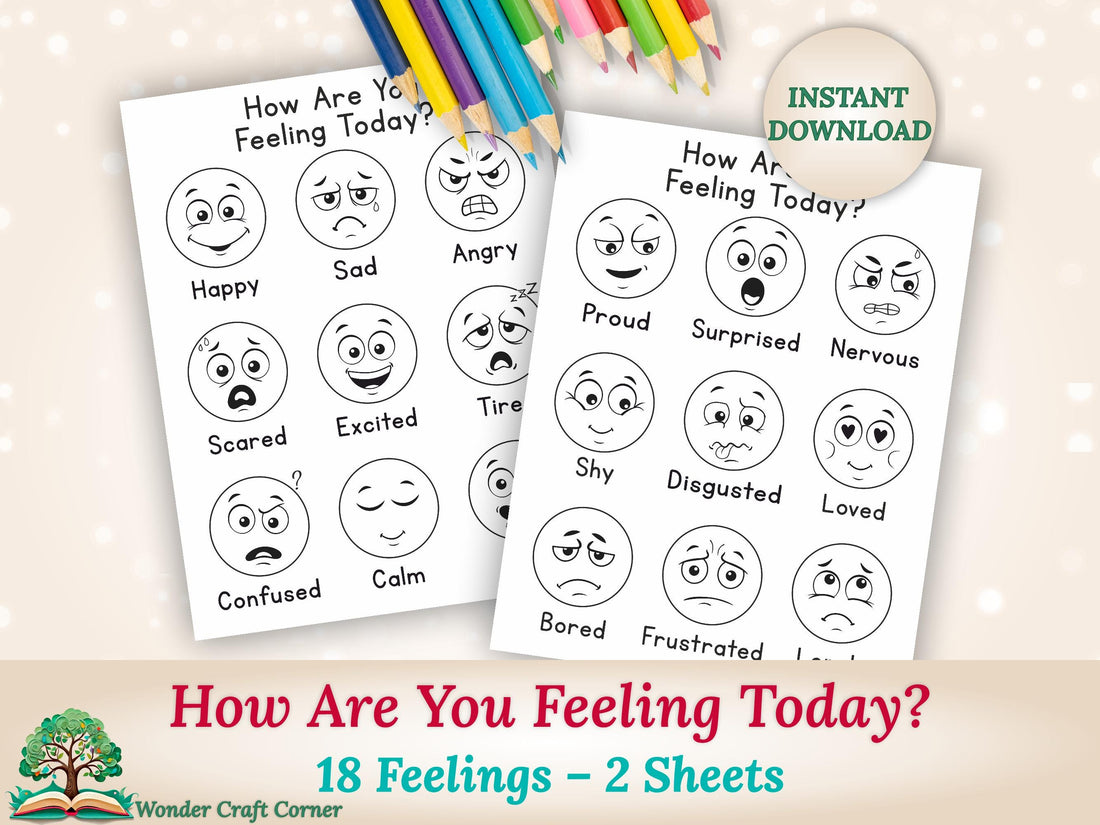 How Are You Feeling Today – 18 Emotion Faces Coloring Sheets, Feelings Chart Printable, SEL Preschool Emotions Poster, Calm Corner Decor
