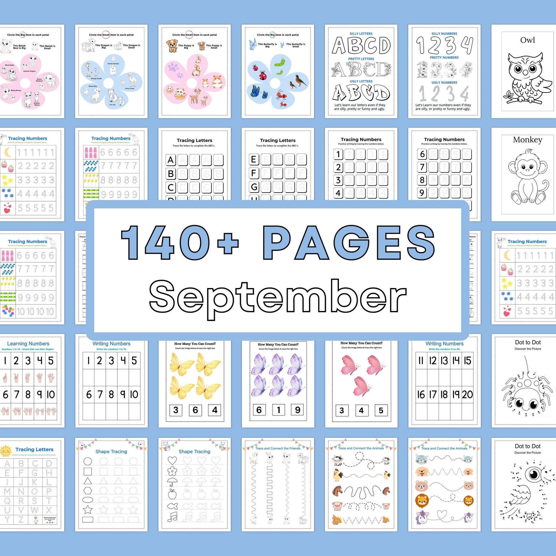 September Kindergarten Worksheets | 140 Pages | Homeschool Curriculum | Printable Activities | ABCs, Math, Tracing, Fun Learning