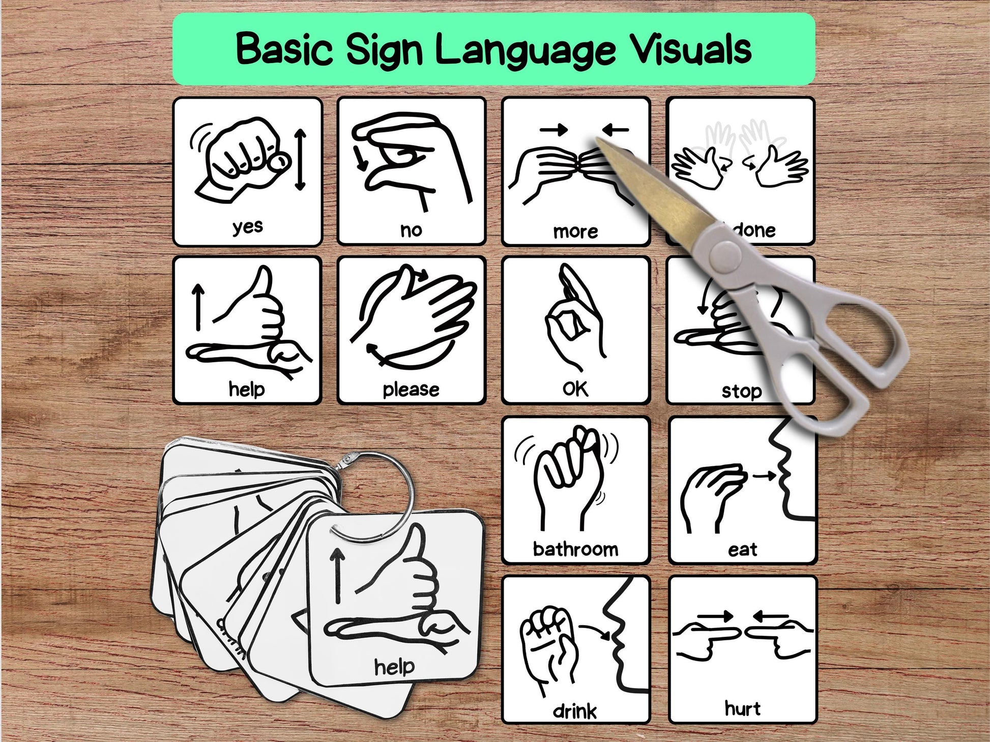 Printable Sign Language Flashcards ASL Poster and Card Set for Kids & Toddlers - Black and White Version