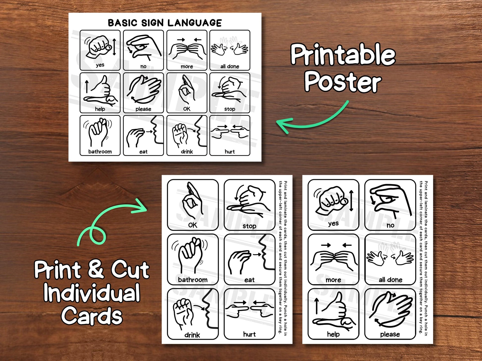 Printable Sign Language Flashcards ASL Poster and Card Set for Kids & Toddlers - Black and White Version